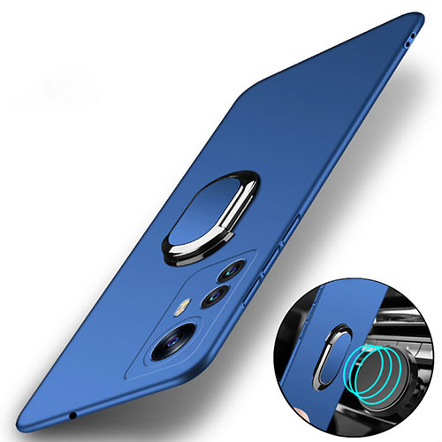 Hard Rigid Plastic Matte Finish Case Cover with Magnetic Finger Ring Stand A01 for Xiaomi Mi 12 Pro 5G Blue