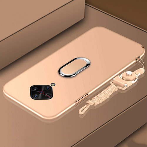 Hard Rigid Plastic Matte Finish Case Cover with Magnetic Finger Ring Stand A02 for Vivo X50 Lite Gold