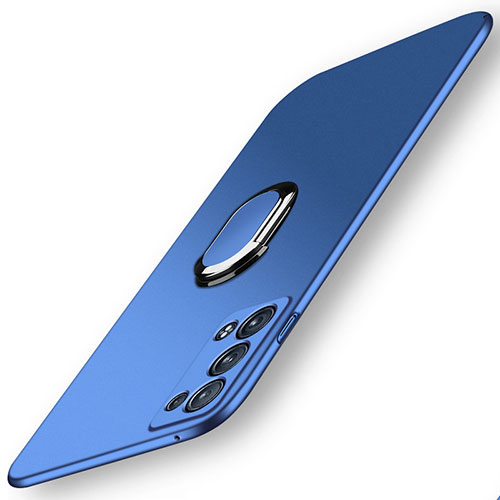 Hard Rigid Plastic Matte Finish Case Cover with Magnetic Finger Ring Stand for Oppo Reno6 Pro+ Plus 5G Blue