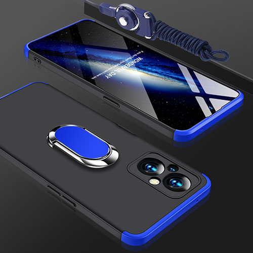 Hard Rigid Plastic Matte Finish Case Cover with Magnetic Finger Ring Stand GK1 for Oppo Reno7 Lite 5G Blue and Black
