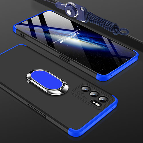 Hard Rigid Plastic Matte Finish Case Cover with Magnetic Finger Ring Stand GK2 for Oppo Reno6 5G Blue and Black