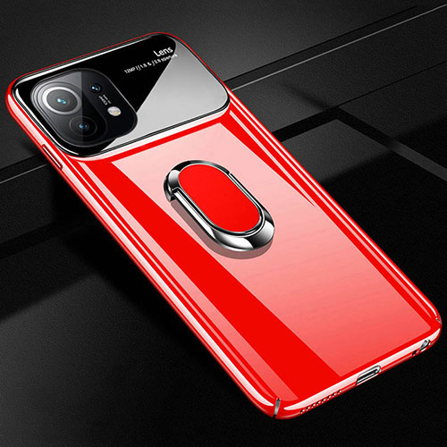 Hard Rigid Plastic Matte Finish Case Cover with Magnetic Finger Ring Stand P01 for Xiaomi Mi 11 5G Red