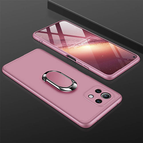 Hard Rigid Plastic Matte Finish Case Cover with Magnetic Finger Ring Stand P02 for Xiaomi Mi 11 5G Rose Gold