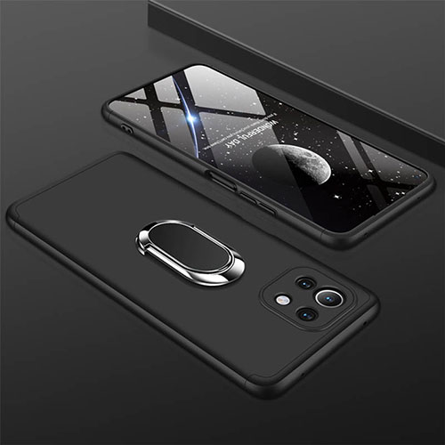 Hard Rigid Plastic Matte Finish Case Cover with Magnetic Finger Ring Stand P02 for Xiaomi Mi 11 Lite 4G Black