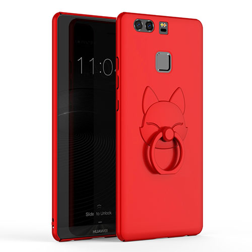 Hard Rigid Plastic Matte Finish Cover with Finger Ring Stand A03 for Huawei P9 Plus Red