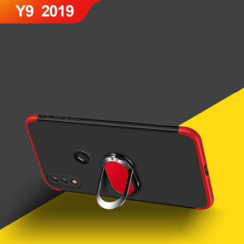 Hard Rigid Plastic Matte Finish Front and Back Case 360 Degrees with Magnetic Finger Ring Stand for Huawei Y9 (2019) Red and Black