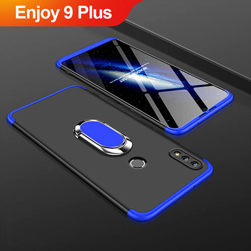 Hard Rigid Plastic Matte Finish Front and Back Cover Case 360 Degrees with Finger Ring Stand for Huawei Enjoy 9 Plus Blue and Black