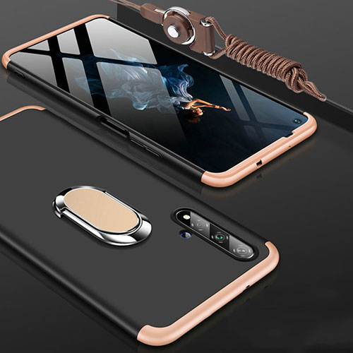 Hard Rigid Plastic Matte Finish Front and Back Cover Case 360 Degrees with Finger Ring Stand for Huawei Honor 20 Gold and Black