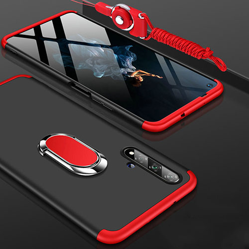 Hard Rigid Plastic Matte Finish Front and Back Cover Case 360 Degrees with Finger Ring Stand for Huawei Honor 20 Red and Black
