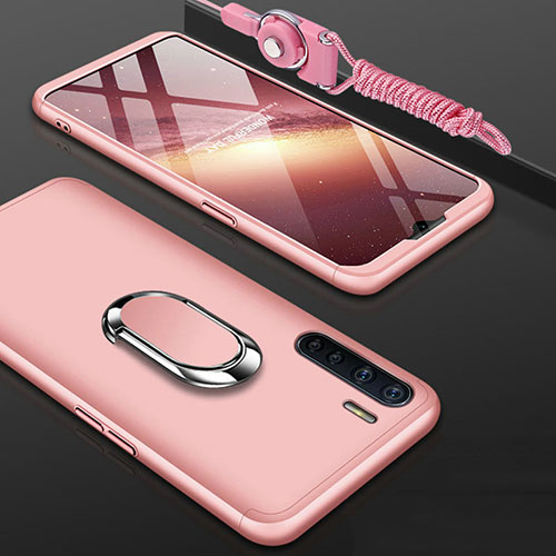 Hard Rigid Plastic Matte Finish Front and Back Cover Case 360 Degrees with Finger Ring Stand for Oppo A91 Rose Gold