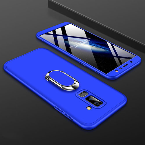 Hard Rigid Plastic Matte Finish Front and Back Cover Case 360 Degrees with Finger Ring Stand for Samsung Galaxy A6 Plus Blue