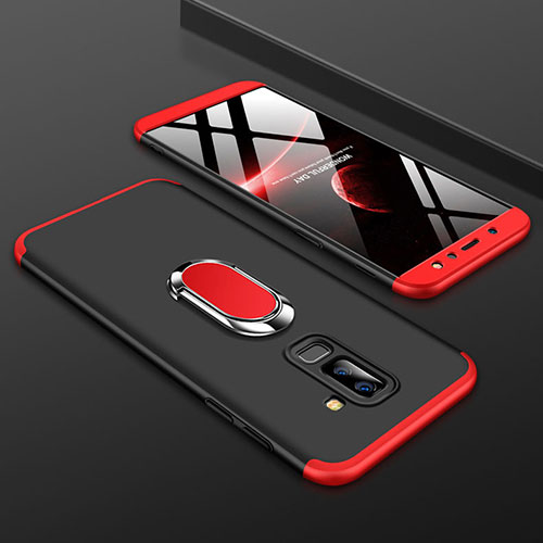 Hard Rigid Plastic Matte Finish Front and Back Cover Case 360 Degrees with Finger Ring Stand for Samsung Galaxy A6 Plus Red and Black
