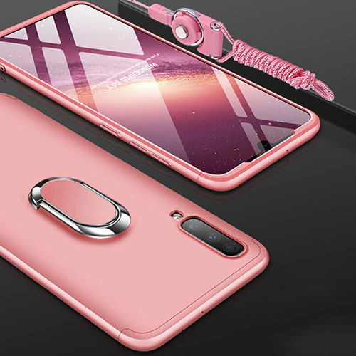 Hard Rigid Plastic Matte Finish Front and Back Cover Case 360 Degrees with Finger Ring Stand for Samsung Galaxy A70 Rose Gold