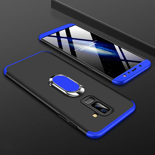 Hard Rigid Plastic Matte Finish Front and Back Cover Case 360 Degrees with Finger Ring Stand for Samsung Galaxy A9 Star Lite Blue and Black