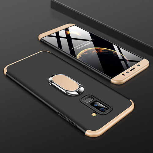 Hard Rigid Plastic Matte Finish Front and Back Cover Case 360 Degrees with Finger Ring Stand for Samsung Galaxy A9 Star Lite Gold and Black