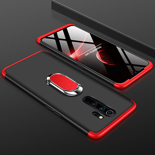 Hard Rigid Plastic Matte Finish Front and Back Cover Case 360 Degrees with Finger Ring Stand for Xiaomi Redmi Note 8 Pro Red and Black