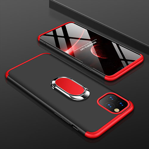 Hard Rigid Plastic Matte Finish Front and Back Cover Case 360 Degrees with Finger Ring Stand R01 for Apple iPhone 11 Pro Max Red and Black