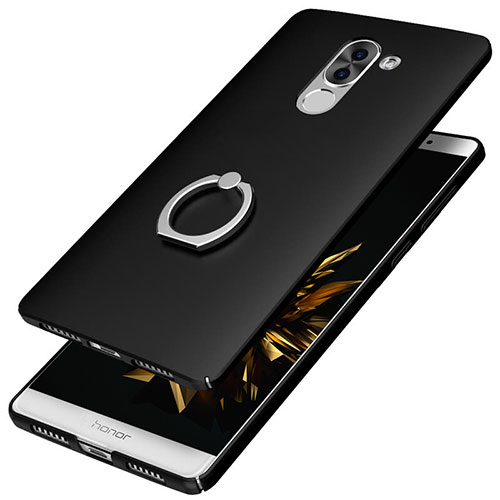 Hard Rigid Plastic Matte Finish Snap On Case with Finger Ring Stand A07 for Huawei Honor 6X Black