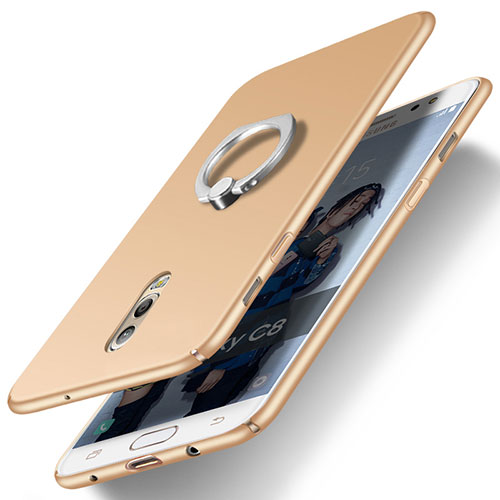 Hard Rigid Plastic Matte Finish Snap On Case with Finger Ring Stand for Samsung Galaxy C8 C710F Gold