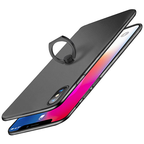 Hard Rigid Plastic Matte Finish Snap On Case with Finger Ring Stand Q02 for Apple iPhone Xs Black