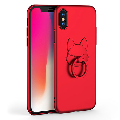 Hard Rigid Plastic Matte Finish Snap On Case with Finger Ring Stand R08 for Apple iPhone Xs Red