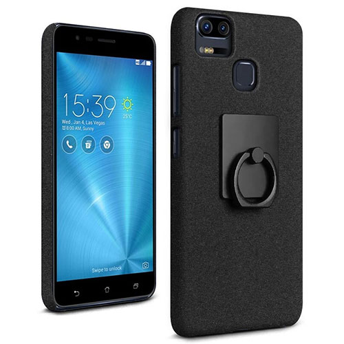 Hard Rigid Plastic Quicksand Cover with Finger Ring Stand for Asus Zenfone 3 Zoom Black