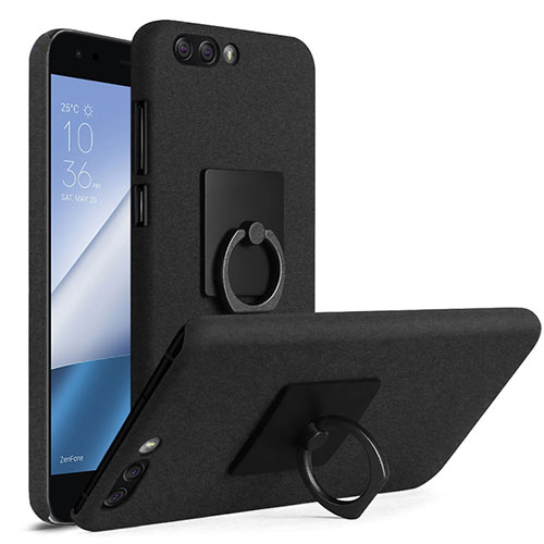 Hard Rigid Plastic Quicksand Cover with Finger Ring Stand for Asus Zenfone 4 ZE554KL Black
