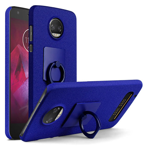 Hard Rigid Plastic Quicksand Cover with Finger Ring Stand for Motorola Moto Z2 Force Blue