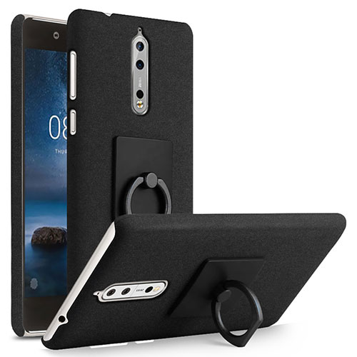 Hard Rigid Plastic Quicksand Cover with Finger Ring Stand for Nokia 8 Black