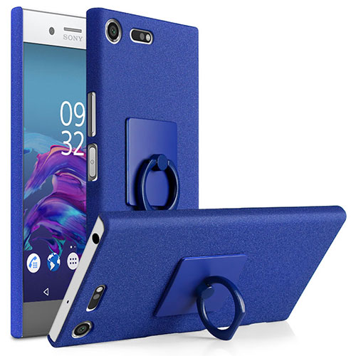 Hard Rigid Plastic Quicksand Cover with Finger Ring Stand for Sony Xperia XZ Premium Blue