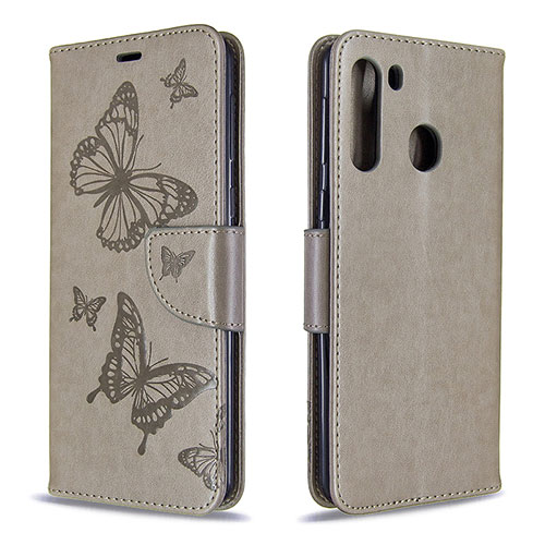 Leather Case Stands Butterfly Flip Cover Holder B01F for Samsung Galaxy A21 Gray