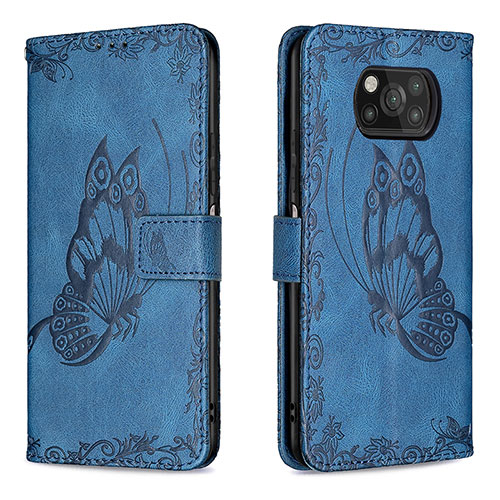 Leather Case Stands Butterfly Flip Cover Holder B02F for Xiaomi Poco X3 NFC Blue