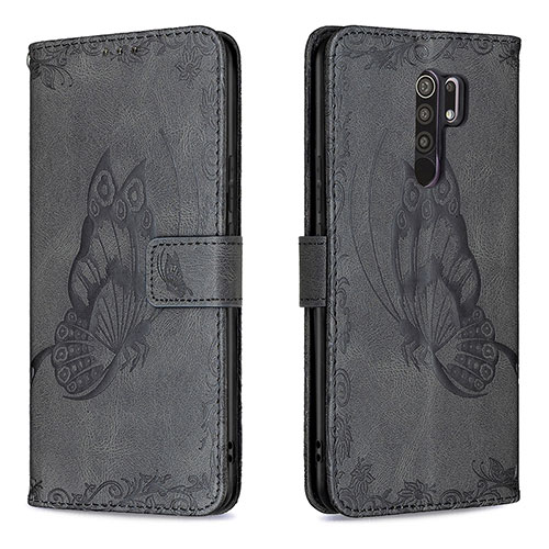 Leather Case Stands Butterfly Flip Cover Holder B02F for Xiaomi Redmi 9 Black