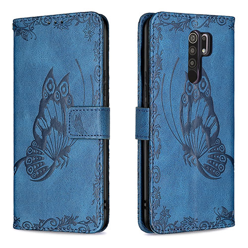 Leather Case Stands Butterfly Flip Cover Holder B02F for Xiaomi Redmi 9 Blue