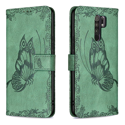 Leather Case Stands Butterfly Flip Cover Holder B02F for Xiaomi Redmi 9 Green