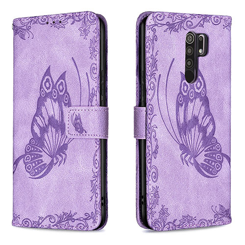 Leather Case Stands Butterfly Flip Cover Holder B02F for Xiaomi Redmi 9 Prime India Clove Purple