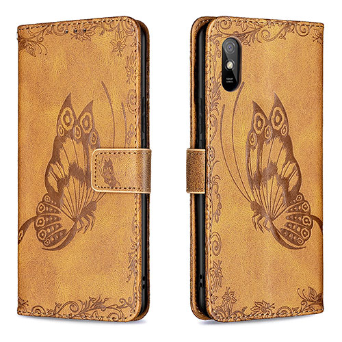Leather Case Stands Butterfly Flip Cover Holder B02F for Xiaomi Redmi 9AT Brown