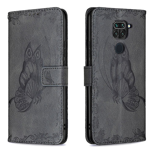 Leather Case Stands Butterfly Flip Cover Holder B02F for Xiaomi Redmi Note 9 Black