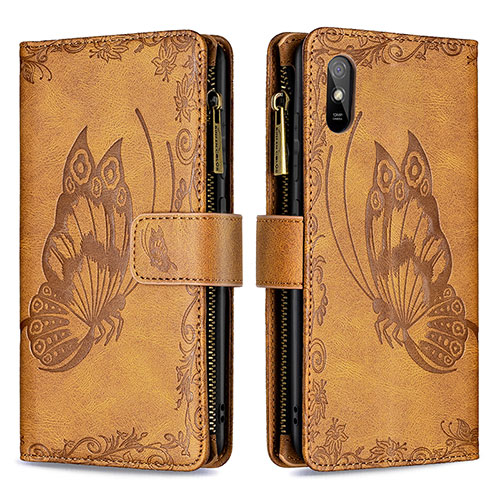 Leather Case Stands Butterfly Flip Cover Holder B03F for Xiaomi Redmi 9AT Brown