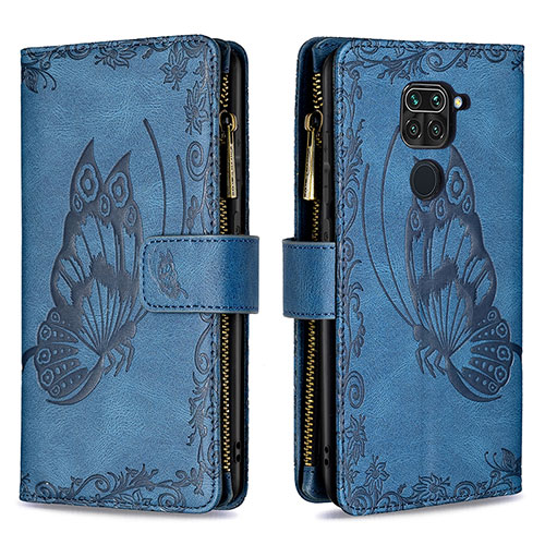 Leather Case Stands Butterfly Flip Cover Holder B03F for Xiaomi Redmi Note 9 Blue