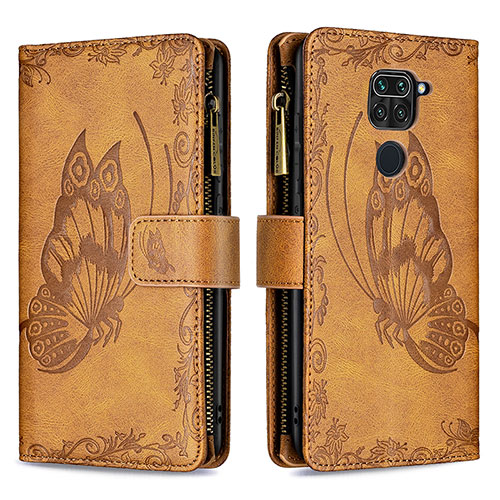 Leather Case Stands Butterfly Flip Cover Holder B03F for Xiaomi Redmi Note 9 Brown