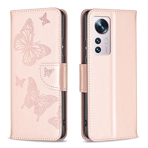 Leather Case Stands Butterfly Flip Cover Holder B13F for Xiaomi Mi 12S Pro 5G Gold