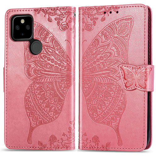 Leather Case Stands Butterfly Flip Cover Holder for Google Pixel 4a 5G Hot Pink