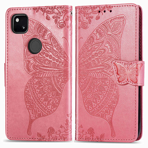 Leather Case Stands Butterfly Flip Cover Holder for Google Pixel 4a Hot Pink
