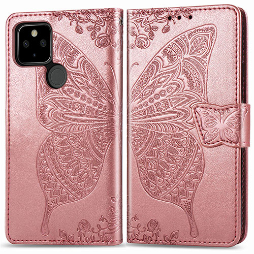 Leather Case Stands Butterfly Flip Cover Holder for Google Pixel 5 Rose Gold