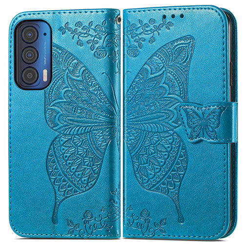 Leather Case Stands Butterfly Flip Cover Holder for Motorola Moto Edge (2021) 5G Blue