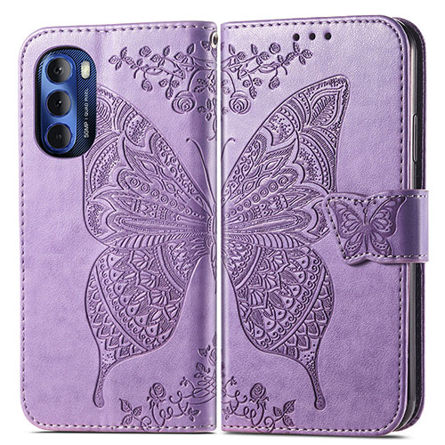 Leather Case Stands Butterfly Flip Cover Holder for Motorola Moto G Stylus (2022) 4G Clove Purple
