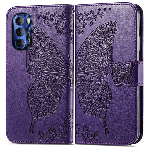 Leather Case Stands Butterfly Flip Cover Holder for Motorola Moto G Stylus (2022) 4G Purple