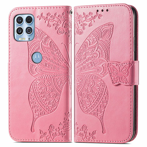 Leather Case Stands Butterfly Flip Cover Holder for Motorola Moto G100 5G Hot Pink