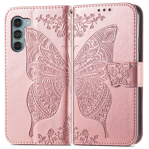 Leather Case Stands Butterfly Flip Cover Holder for Motorola Moto G200 5G Pink